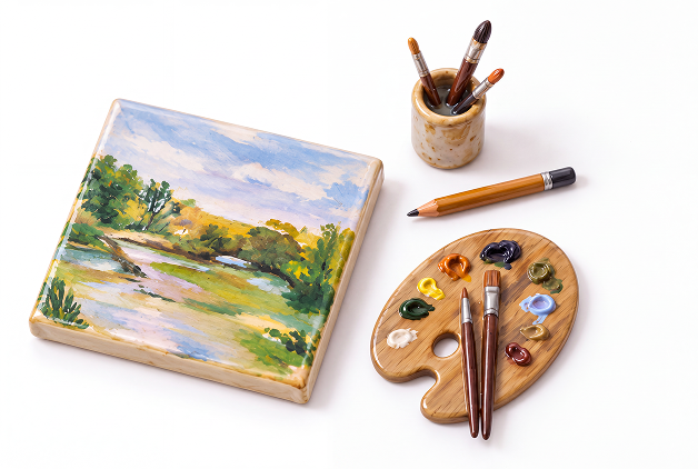 A work-in-progress painting, brushes, and palette.