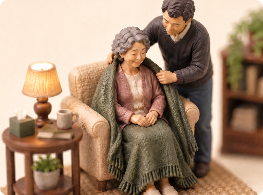 A care partner placing a blanket around a seated loved one