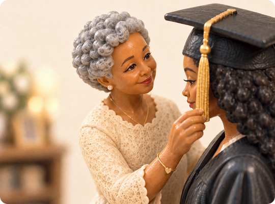 Close-up of an older woman helping a younger woman with her graduation cap.